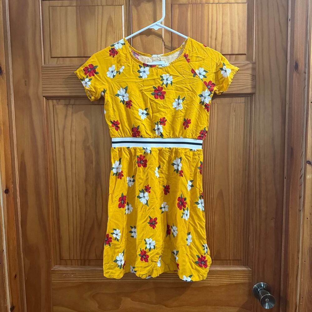 Girls Yellow Old Navy Floral Short Sleeve Dress with White Stripe Waistband